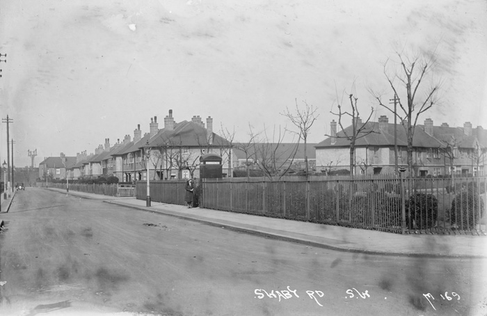 Fig. 18: Swaby Gardens, the site of the un-built church, not originally planned as recreational green space. Note the now removed red phone box. The railing remain