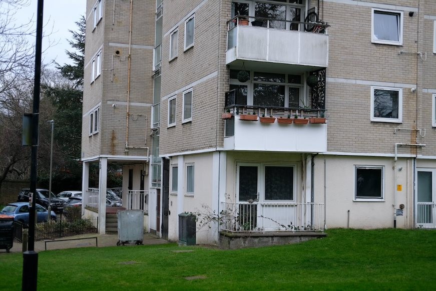 Fig. 43: The ground floors, now painted white, with their ground floor balconies