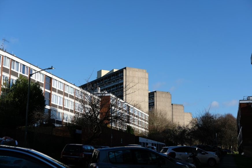 Fig. 65: the slab blocks looming over the maisonettes showing off their contrast in scale.