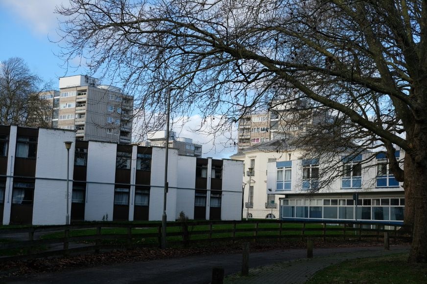 Fig. 76: the student residential blocks and facilities building with Mount Clare in the mid-ground and the point blocks in the back-ground, demonstrating the various ways Mount Clare has lost prominence from many angles