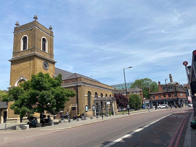 Fig. 49: All Saints Church in 2022 with Church Row and Ram Brewery in background