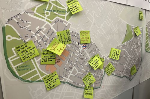 Map of Tooting Broadway and Furzedown where residents have put ideas on post it notes.