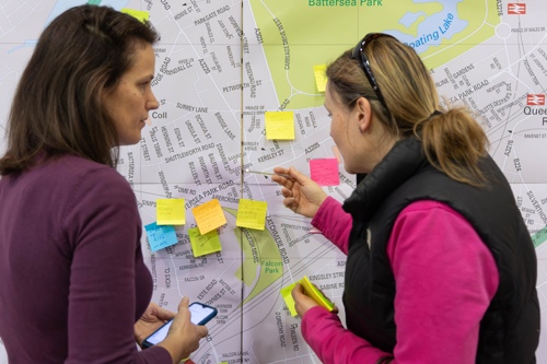 Community ideas wall with map of Battersea