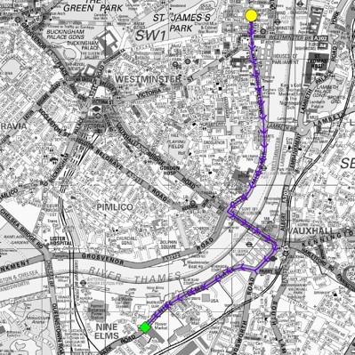 Protest route from Whitehall to Vauxhall bridge and Nine Elms Lane